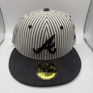 New Era 59FIFTY Atlanta Braves Fitted Hat 7 1/4 Pinstripe Linen Blend Grey White